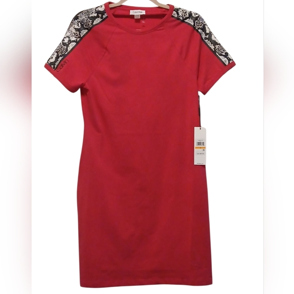 Calvin Klein -NWT Red Mini Dress W/Faux Snake Skin Embellishment On Short Sleeve - Picture 2 of 12